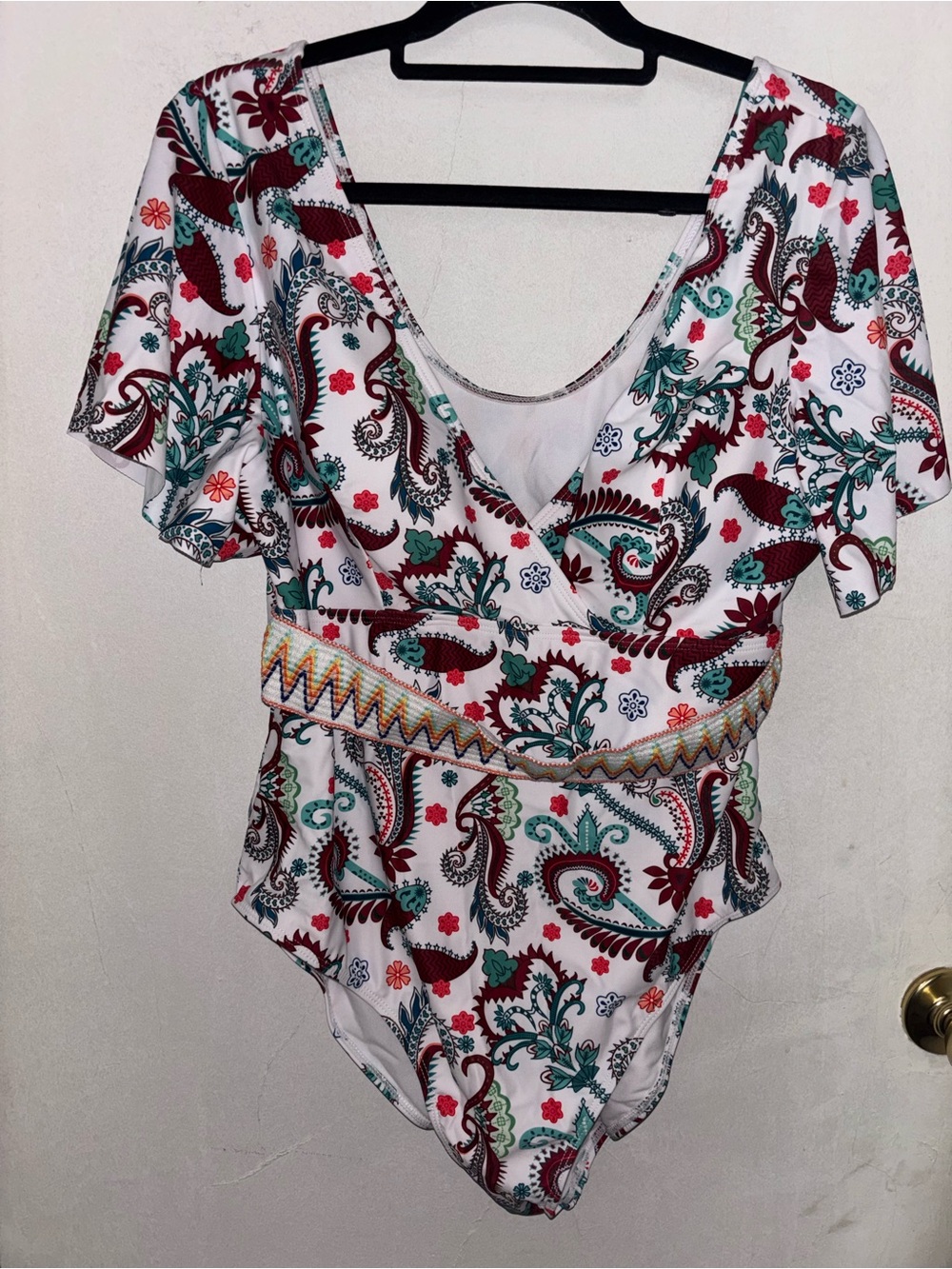 SHEIN White Paisley One-Piece with Teal & Burgundy Accents